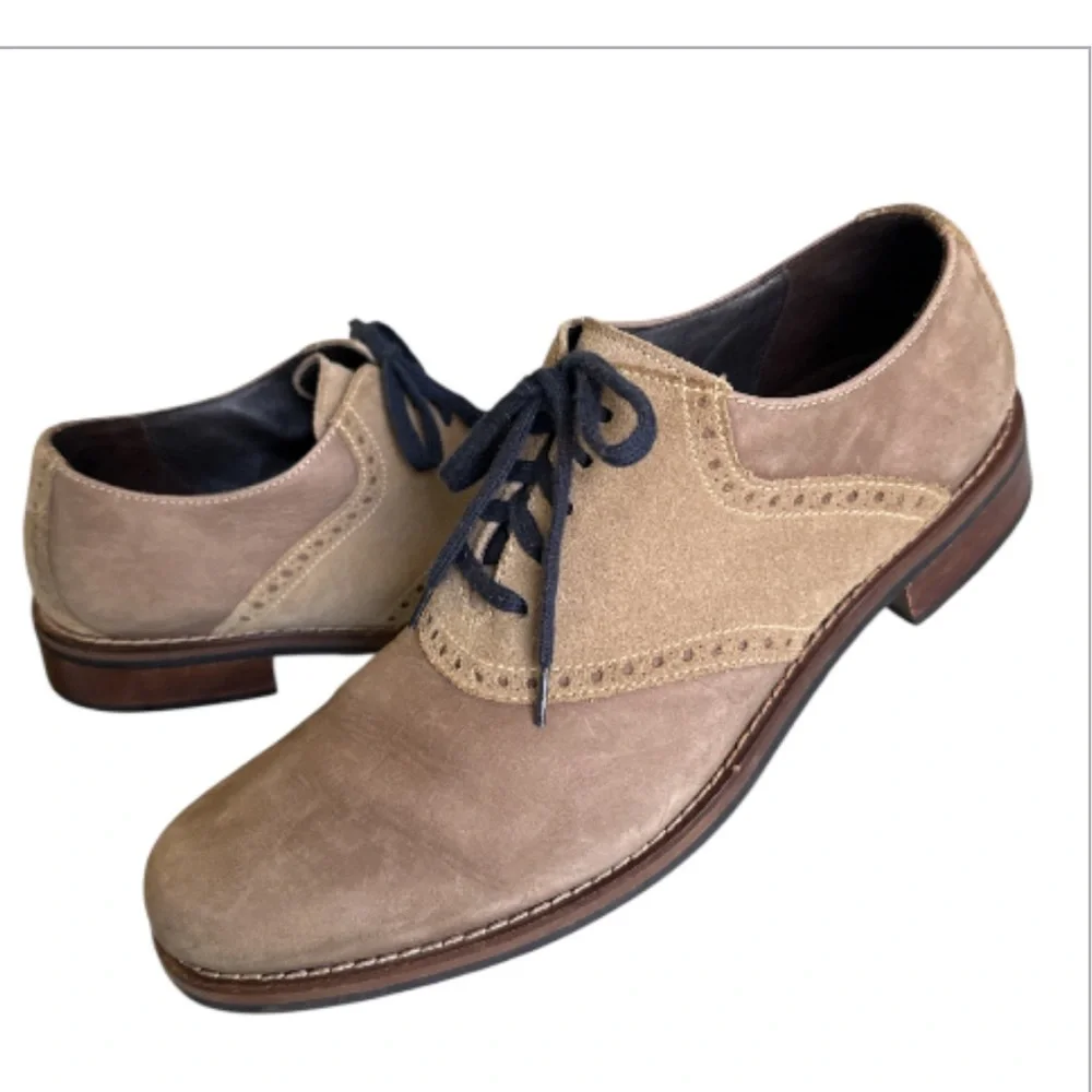 Men’s Tan Two Tone Suede Saddle Oxford Shoes Classic Heritage EUC Size 11.5